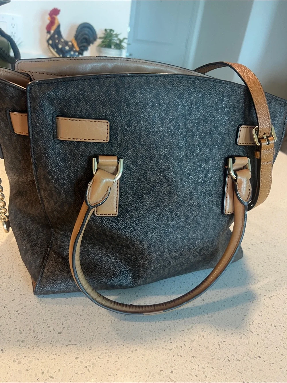 Michael Kors Brown and Tan Satchel with Gold Lock Accent